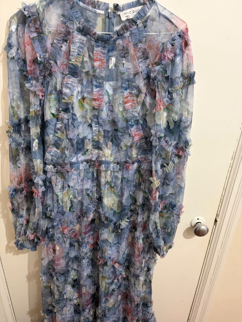 Mac Duggal Long Sleeve Blue Floral Ruffle Maxi Dress 8098 - Picture 8 of 9